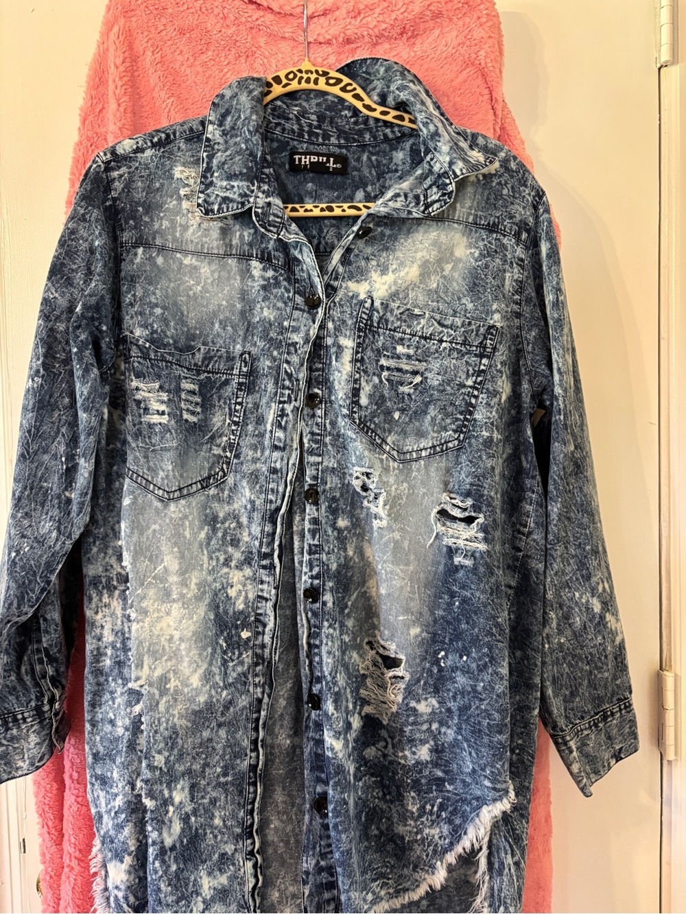 Thrill Acid-Wash Distressed Denim Button-Down Shirt - Blue